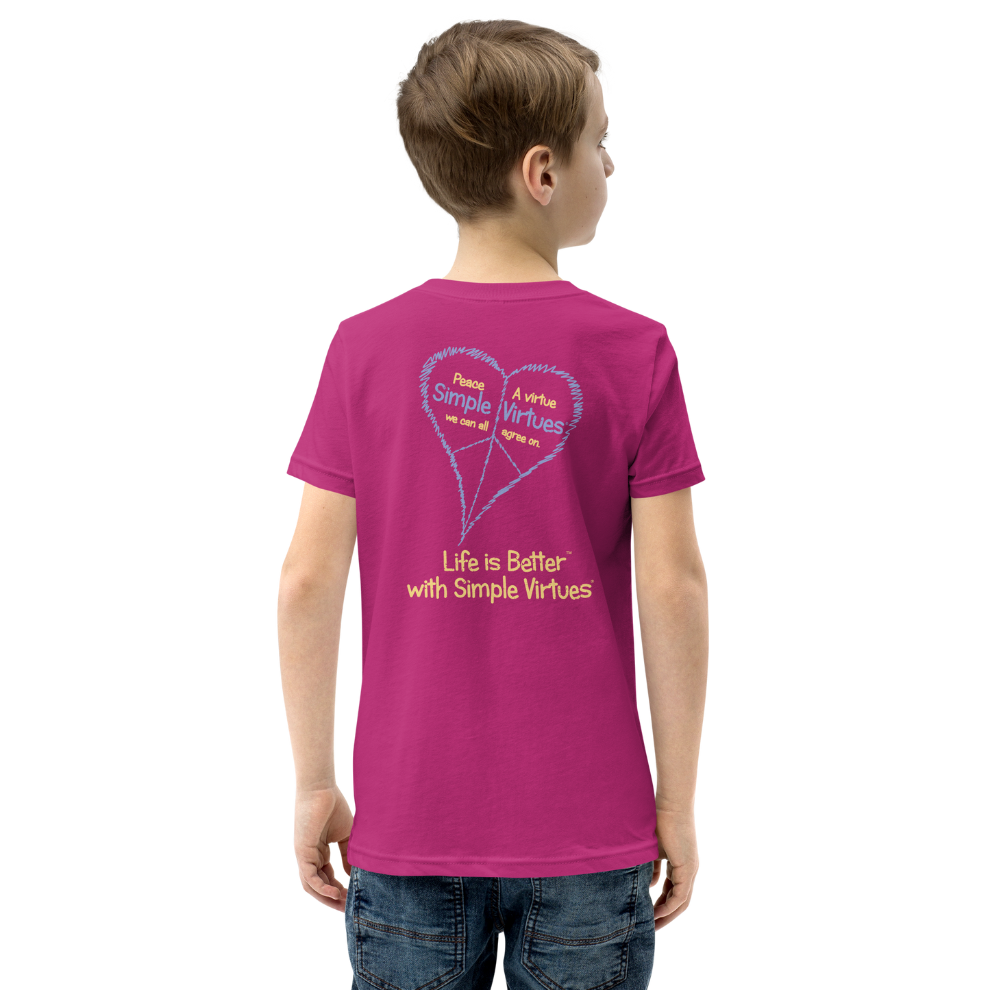 Berry Pink "Peace Heart" Youth Unisex Short Sleeve T-Shirt
