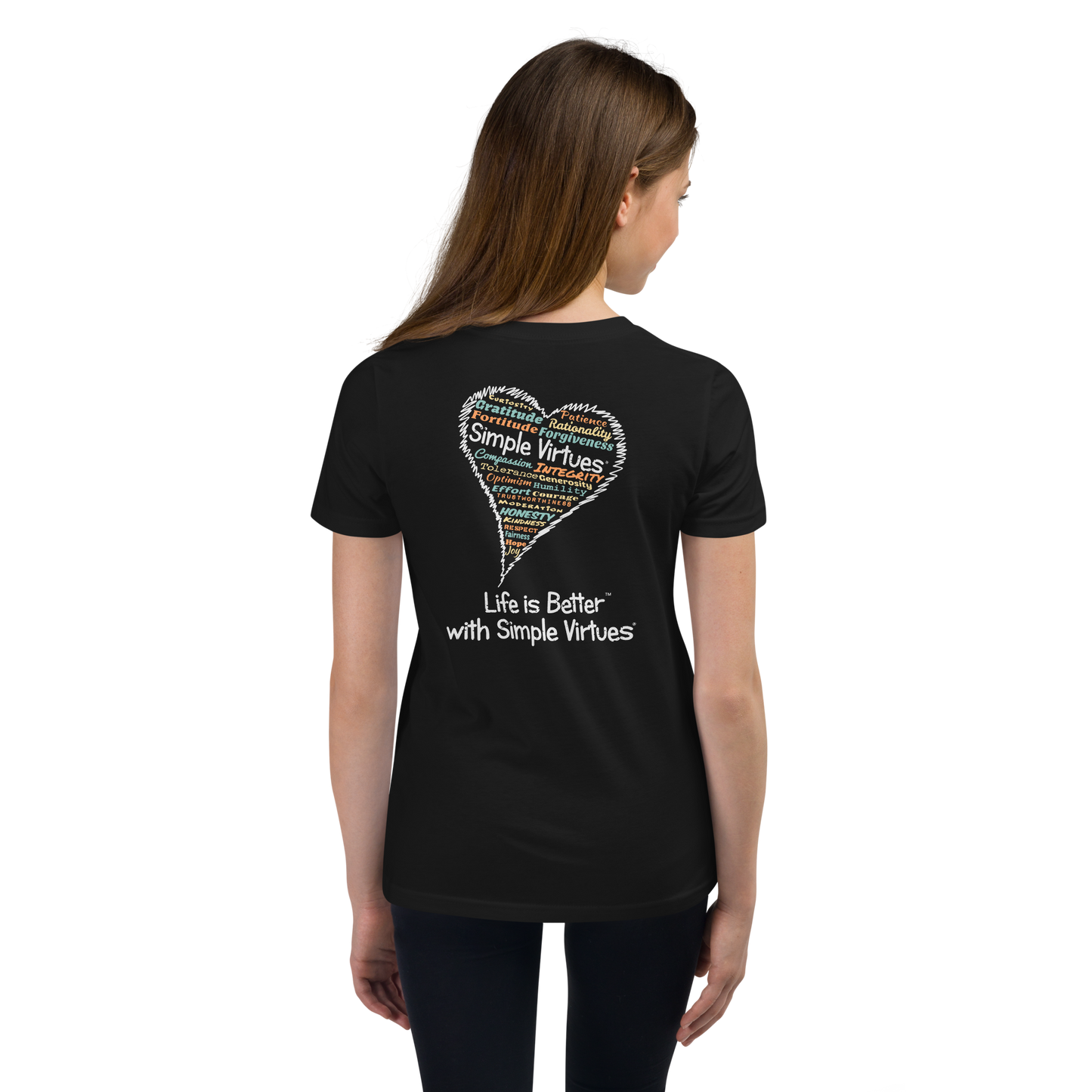 Black "Heart Full of Virtues" Youth Unisex Short Sleeve T-Shirt